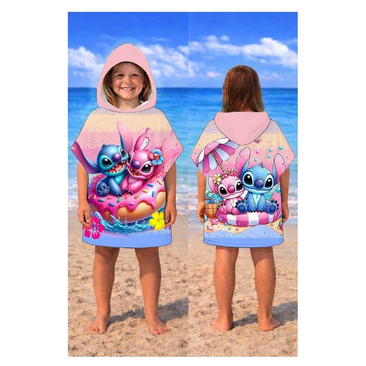 Хавлия за плаж пончо Кингтекс Stitch 2, 3-4 години 60x60см, 60% памук 40% полиестер, Многоцветно