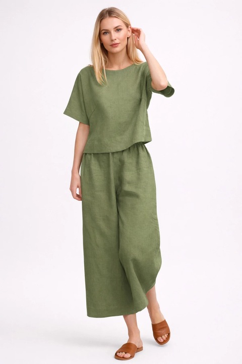 Set dama top scurt si pantaloni, kaki, Negru