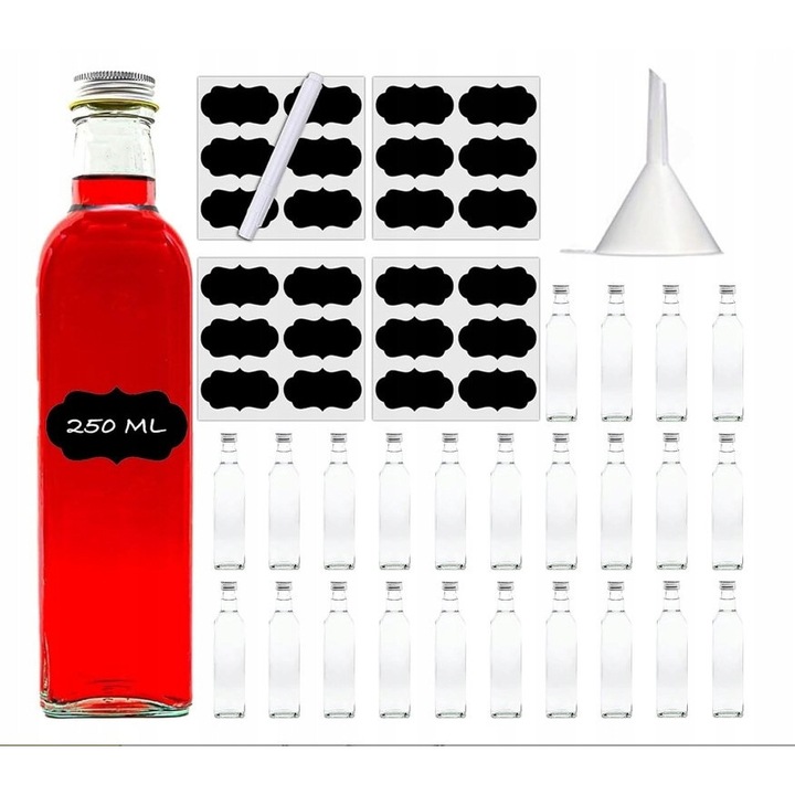 Set 23 sticle din sticla 250 ml cu capac si etichete, inaltime 19,3 cm, latime 4,3 cm