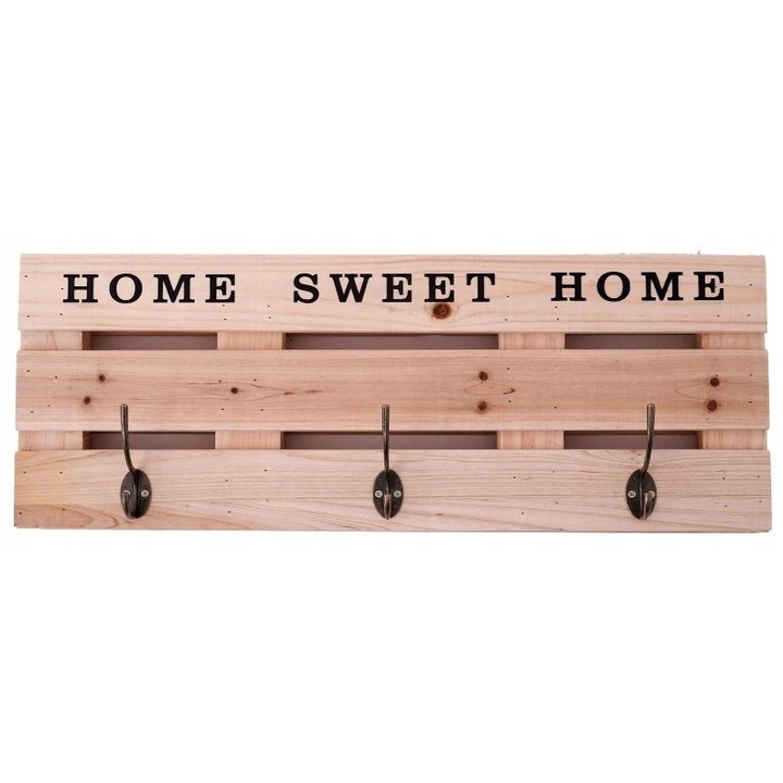 Cuier din lemn cu 3 carlige, Home Sweet Home, 59,5x23,5x10,5cm