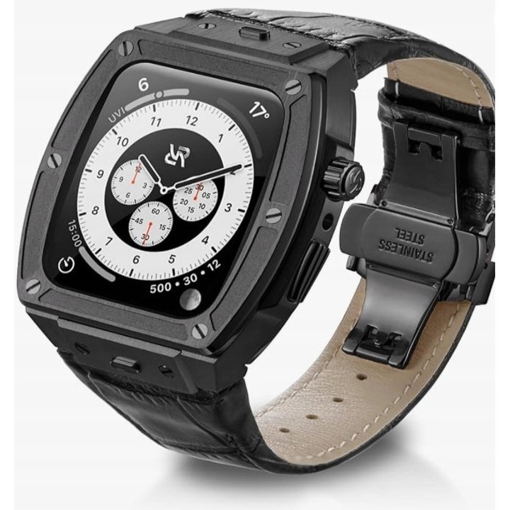 Carcasa pentru Apple Watch Series 9 8 7 6 SE 44/45 mm, cu bratara din piele naturala