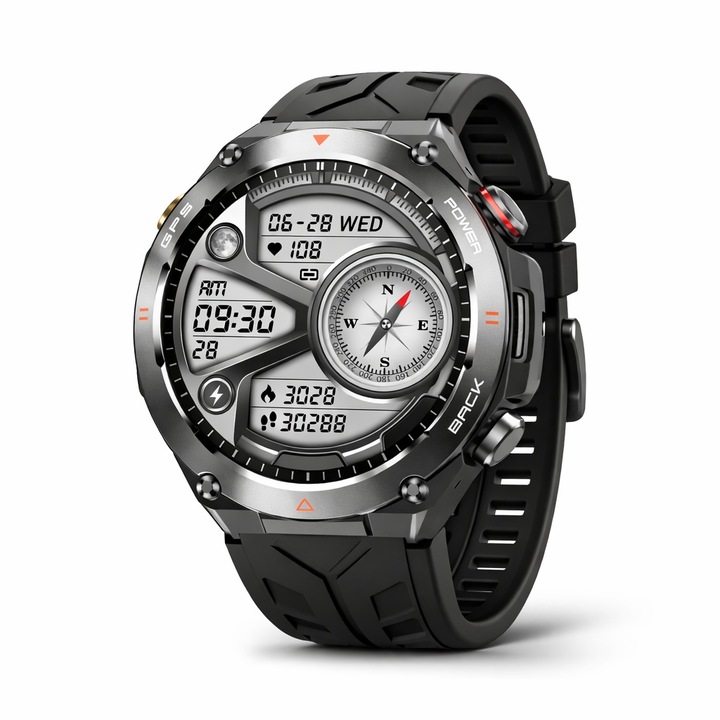 Ceas smartwatch Alpaco KC82 cu GPS integrat, ecran OLED 1.45", rezolutie 412x412, unisex, fitness sport, rezistent apa IP68, apel Bluetooth, microfon HD, 20+ functii, notificari, tracker ritm cardiac, somn, altimetru, busola, compatibil Android si iOS