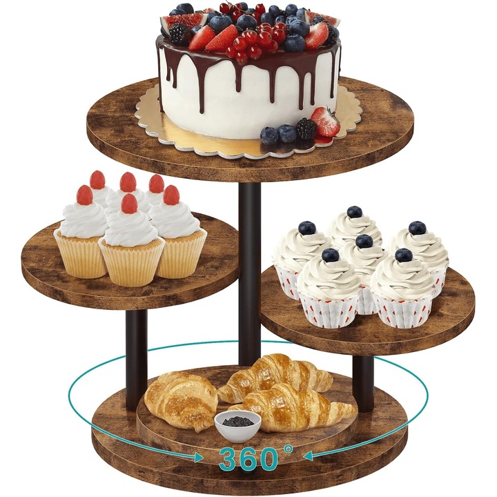 Fából készült desszerttálca, OVERTANG, 4 emeletes, rusztikus design, 50 muffinhoz, forgatható