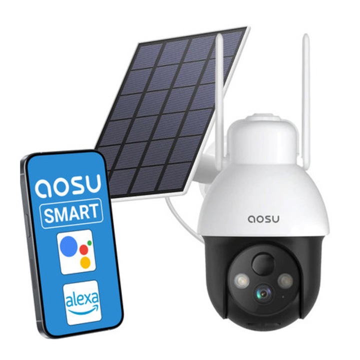 Соларна камера за наблюдение Aosu SL-C9L, 2K QHD, въртене на 360 градуса, устойчивост на атмосферни влияния IP66, пълен комплект