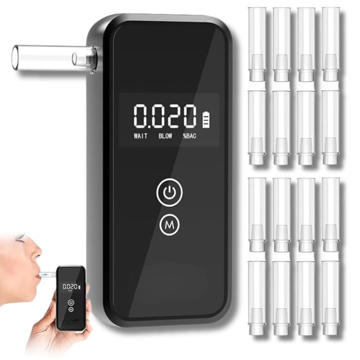 Alcool Tester Profesional ZENTRA, Etilotest, Precizie Ultra-Ridicata, Acuratete +/- 0.01% BAC, Analiza Rapida, Stocare 50 Masuratori, Ecran LCD, Functie Memorie, 4 Unitati Masura si 16 Mustiucuri Reutilizabile