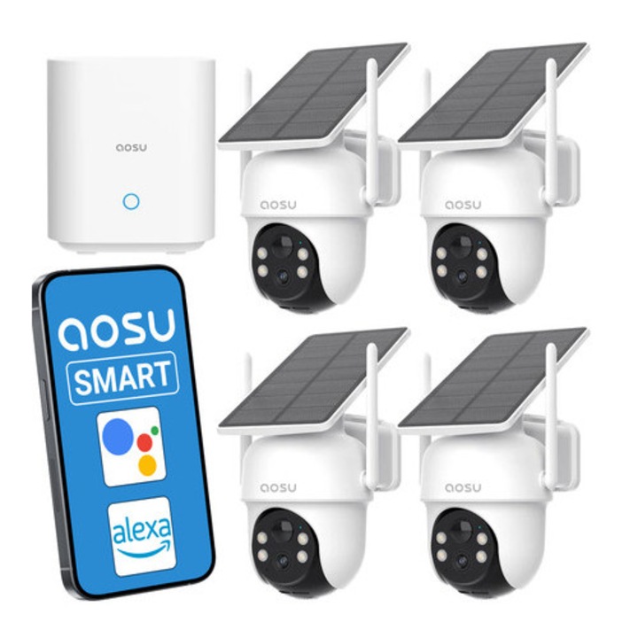Set 4 camere de supraveghere Aosu SL-C9C, 2K QHD, rotire 360, rezistenta IP66, alimentare solara