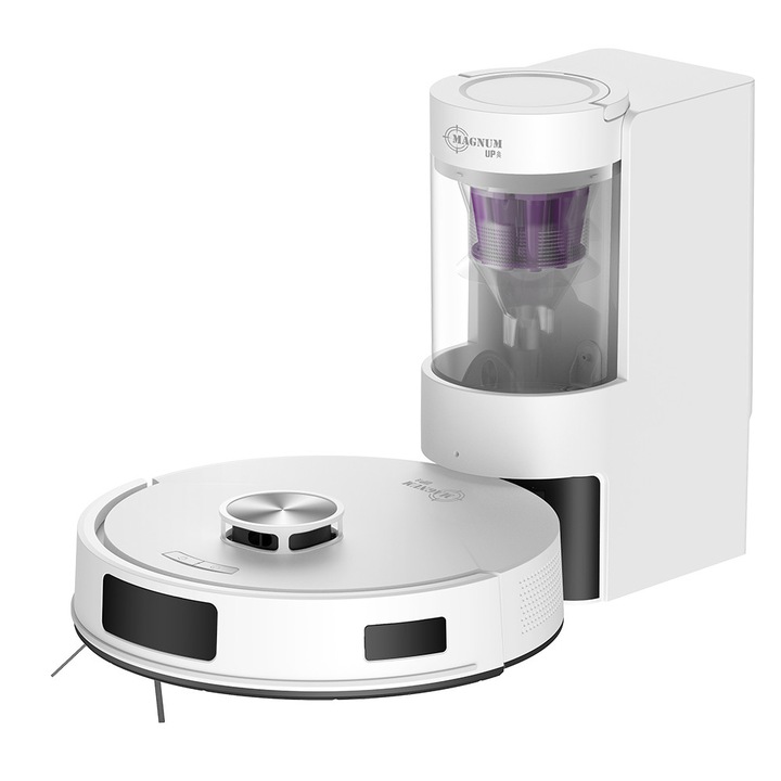 Прахосмукачка робот Magnum UP, 20 000 Pa мощност, Автоматичен прозрачен контейнер за отпадъци, Мобилно приложение, Лазерна навигация, Сухо и мокро почистване, Бял