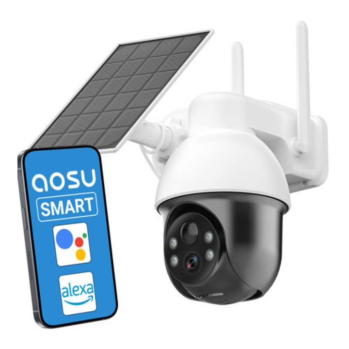 Соларна камера за наблюдение Aosu SL-C9E, 3K QHD, въртене на 360 градуса, IP66 устойчивост, бяла