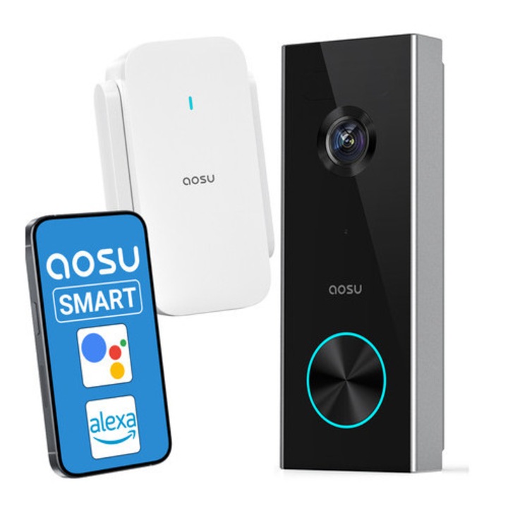 Видео звънец Aosu SL-V8P, 2K Ultra HD, AI детекция на движение, захранване с батерия, безжичен, IP65