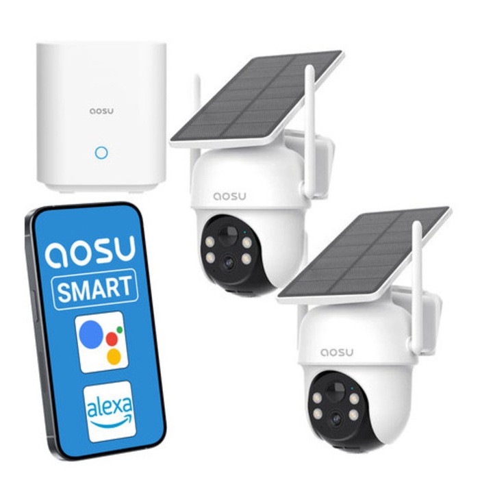Set 2 camere Aosu SL-C9C, 2K QHD, rotire 360°, vedere nocturna color, alimentare solara