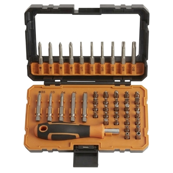 Trusa cu 43 biti universali din otel S2 aliat, biti lungi si scurti, maner antrenor magnetic