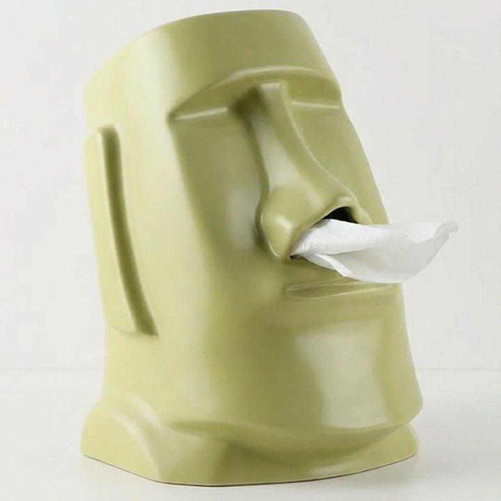 Suport Servetele ceramic Design Fata Cutie servetele decorativa Moai, Ceramica, Verde, 22x16x16 cm