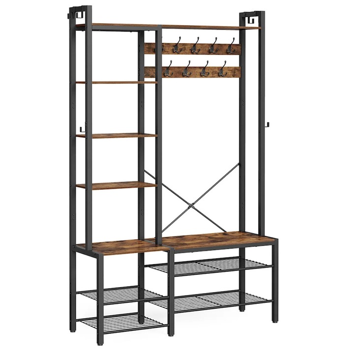 Cuier hol cu banca si raft pantofi, 9 carlige, design industrial, 120x40x190 cm, maro rustic