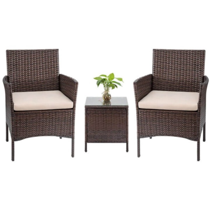 Set de ratan – 2 fotolii cu perne și masă cu blat de sticlă