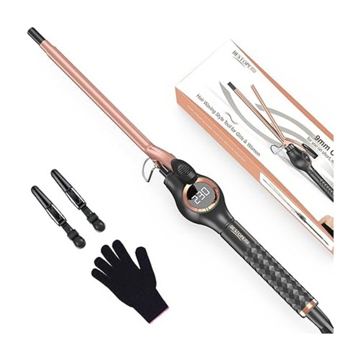 Ondulator de par BESTOPE PRO 9 mm, cu temperatura reglabila, pentru bucle mici, design extensibil, incalzire rapida, afisaj LCD mare, cu clema si manusa inclusa