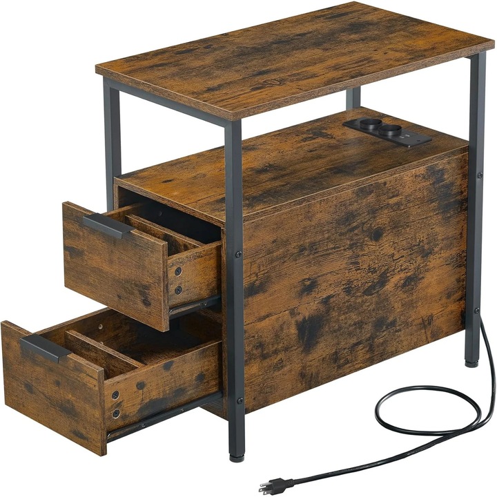Noptiera 60x35x61 cm, cu 2 sertare, rafturi si priza incorporata, PAL si otel, maro rustic