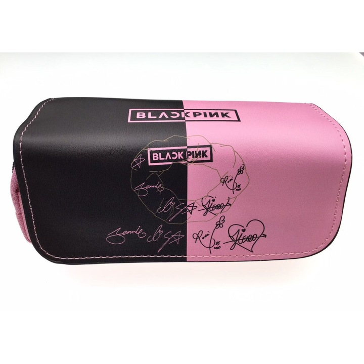 Nagy kapacitású tolltartó, fekete és rózsaszín, 21x7x10cm, tépőzárral