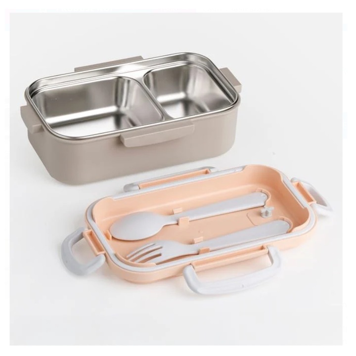 Set Caserola Termica din Inox cu Furculita si Lingura 19.5x11.5x8cm