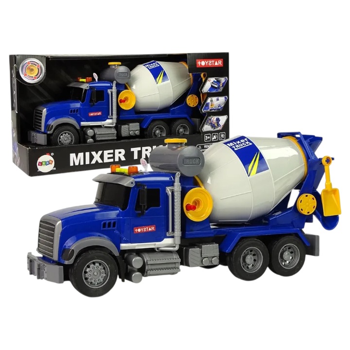 Камион бетоновоз със звук и светлини, LEAN TOYS, 360 градуса ръчна ротация на барабана, Син, 3Y+