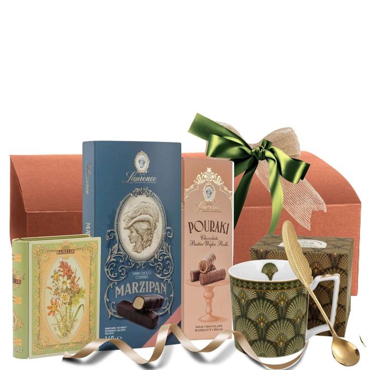 Cadou Paste Quiet Luxury cu Cana Portelan, Ciocolata Premium si Ceai Basilur, Set Cadou Elegant