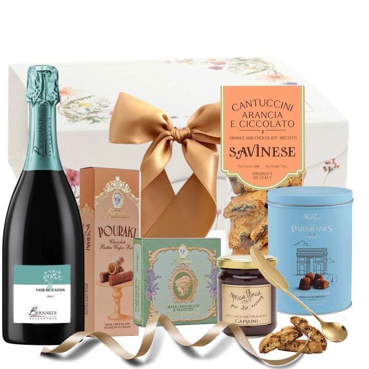 Cadou Paste Femei Celebrate in Colour cu Prosecco si Dulciuri Gourmet, Cos Cadou Elegant Premium