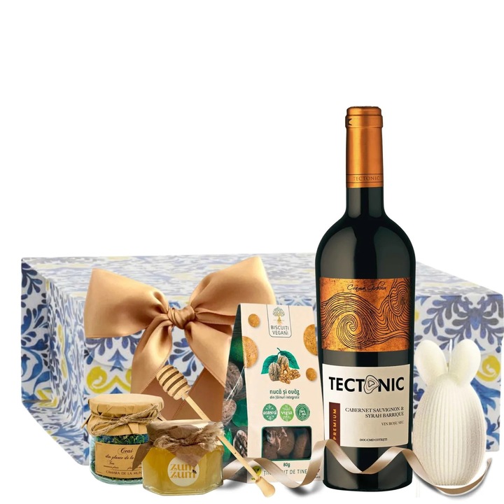 Cadou Paste Radacini si Arome cu Vin Rosu, Miere Bio si Produse Traditionale, Cos Cadou Elegant