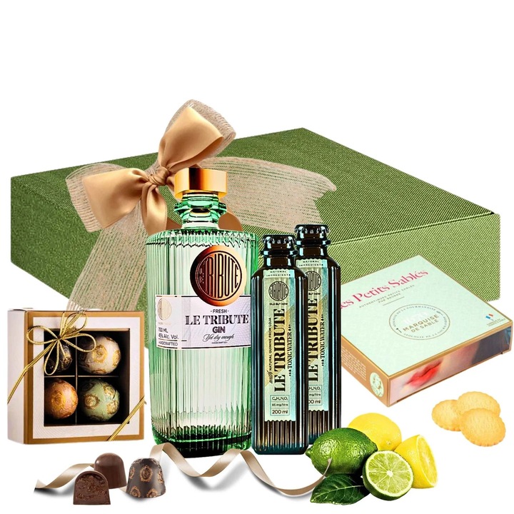 Cadou Paste Femei Made to Match cu Gin Le Tribute si Apa Tonica Amalfi, Praline si Biscuiti Gourmet