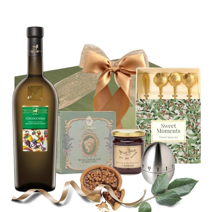 Cadou Paste Femei Perfect Timing cu Vin Alb Tenuta Ulisse Cococciola si Dulciuri Gourmet, Set Cadou Elegant