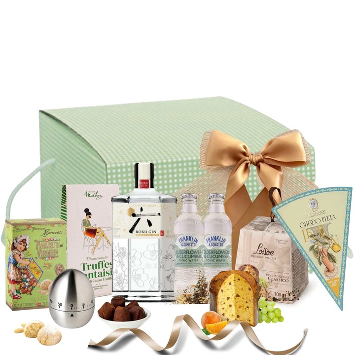 Cadou Paste Femei Let the Fun BE-GIN cu Gin Japonez Roku si Apa Tonica Premium, Dulciuri Gourmet si Panettone