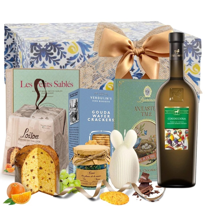 Cadou Paste Grand Gourmet cu Vin Alb, Panettone si Dulciuri Premium, Cutie Cadou Eleganta