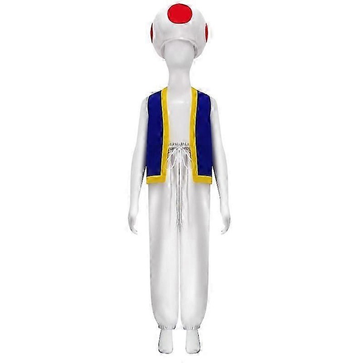 Costum de carnaval Super Mario Bros, set complet cu palarie Toad, pentru copii si adulti, camasa, pantaloni, palarie, diverse dimensiuni