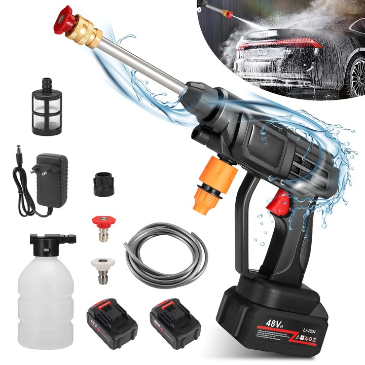 Aparat de spălat cu presiune portabil, fără fir, duză reglabilă 0-40, negru, 21V