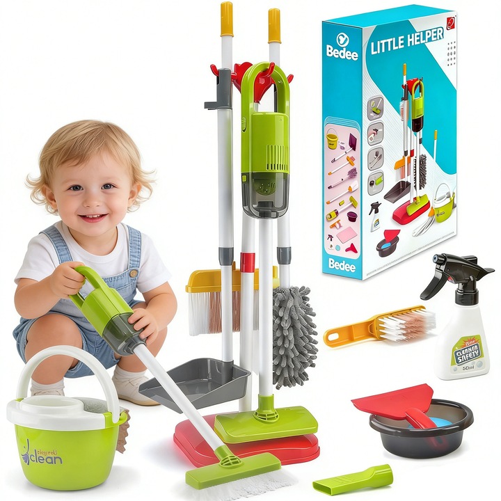 Set Jucarii Curatenie pentru Copii, 14 Piese - aspirator electric 2 in 1, Mop, Matura, Dustpan, Galeata si Accesorii, pentru Joaca de Rol, Cadou pentru Baieti si Fete 3+ Ani, multicolor