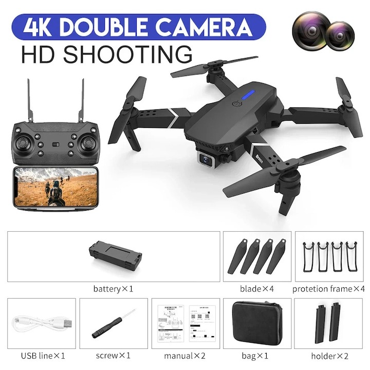 Drona E88 Pro cu Camera 4K HD FPV – Mini Quadcopter Pliabil pentru Incepatori