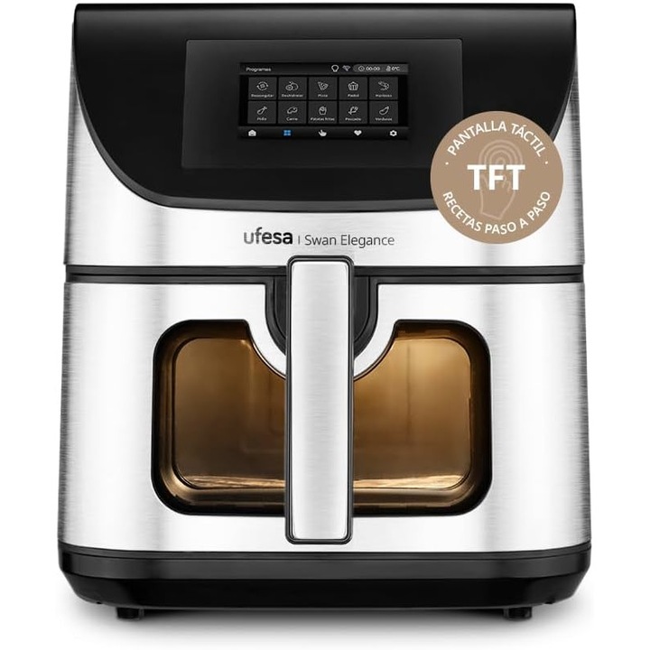 Friteuza cu aer cald Ufesa de 7, 5 L, 2200 W, cu ecran digital TFT interactiv de 4, 3 inci, aplicatie inteligenta, 10 programe, fereastra de vizualizare cu iluminare interioara si tehnologie Air Pulse Ultra 360ºC cu circulatie dubla a aerului