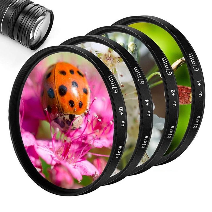 Set filtre macro 67mm, 4 piese, sticla optica, cadru din aluminiu, negru, cu husa de protectie