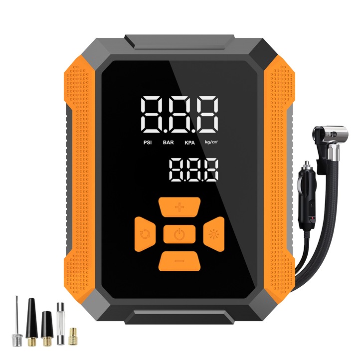 Compresor auto portabil, XPQKDC®, 120 W, DC 12V, 150 PSI, 20L/Min, Afisaj Digital LCD, Lumina de Alarma sos, Portabil, Portocaliu