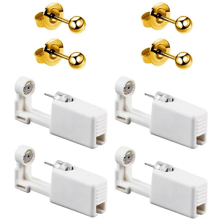 Set 4 Pistoale de Punctie a Urechilor, 3mm, 4mm, 5mm, Alb si Aurie