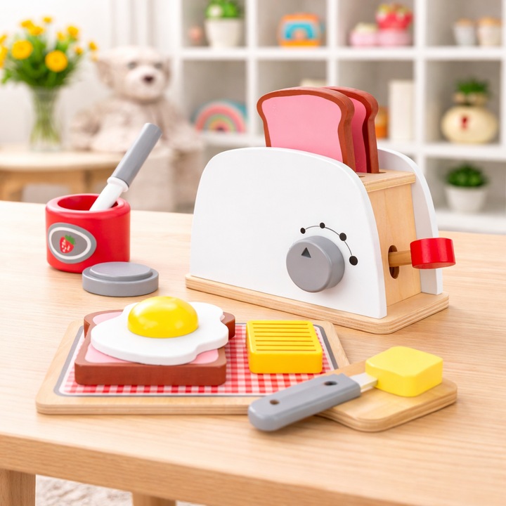 Set Prajitor de paine din lemn pentru copii Kruzzel, 8 piese, accesorii mic dejun, jucarie educativa pentru dezvoltarea imaginatiei, levier functional, multicolor, 3+ ani
