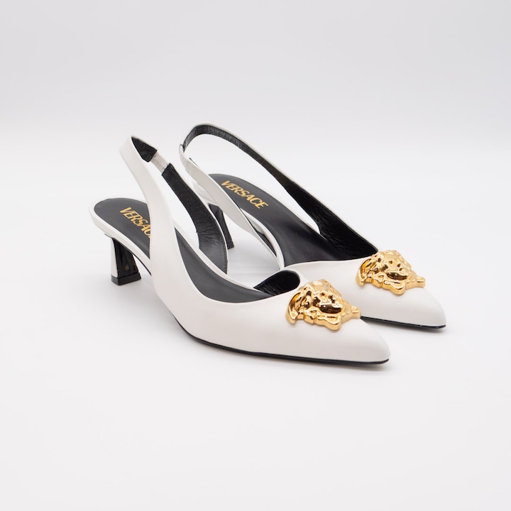 Pantofi dama cu toc Versace, piele naturala, alb, toc 7.5 cm, marime 38