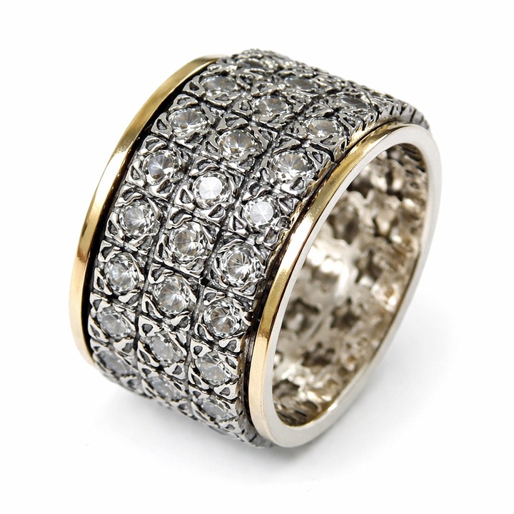 Inel Regal Gold Ornella din argint 925 și aur 14K, detalii sculptate, zirconii, 13mm latime