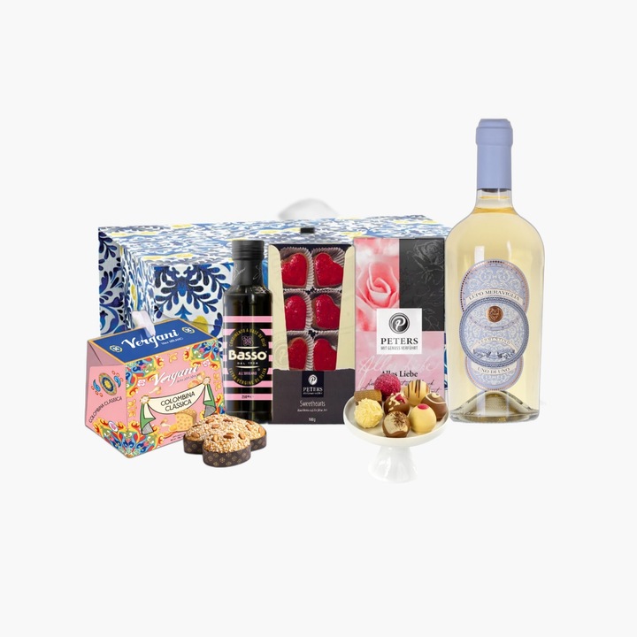 Pachet Cadou Villa Guelfa Vermentino, vin alb 750ml, praline Peters, mini panettone, ulei de măsline 250ml, set