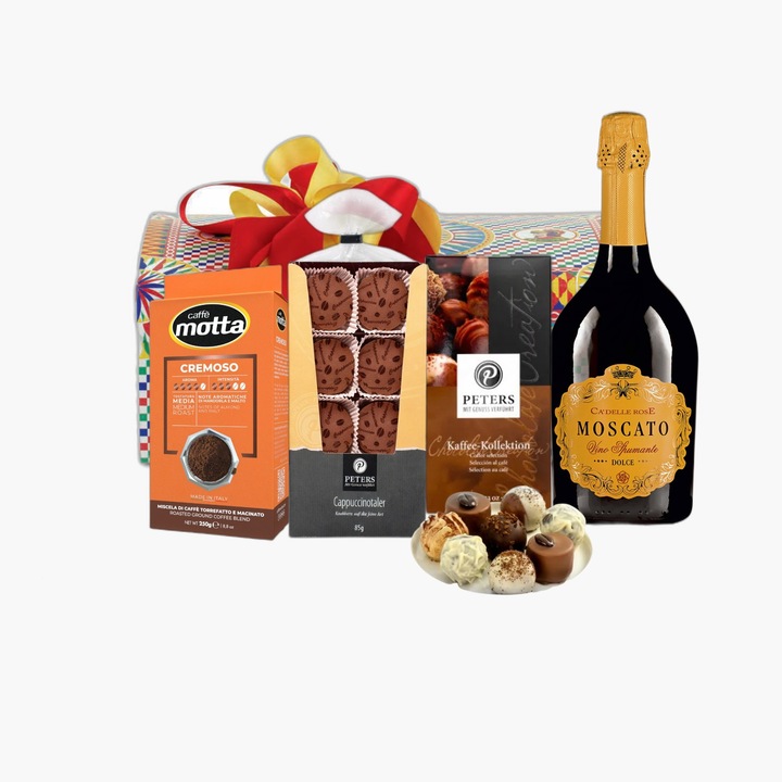 Pachet Cadou Moscato, Villa Guelfa, Vin Moscato Dolce 750 ml, Praline Peters cu cafea 100 g, Biscuiti Cappuccino, Cafea Motta 250 g