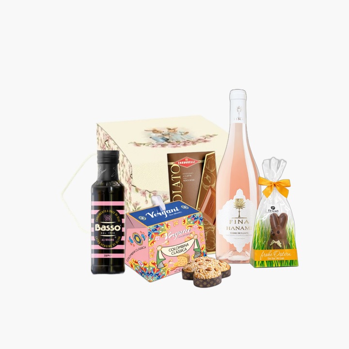 Pachet cadou Hanami, Villa Guelfa, vin rose 750 ml, figurina iepuraș de ciocolată 90 g, ulei de măsline 250 ml, panettone 100 g, ciocolată cu alune 100 g