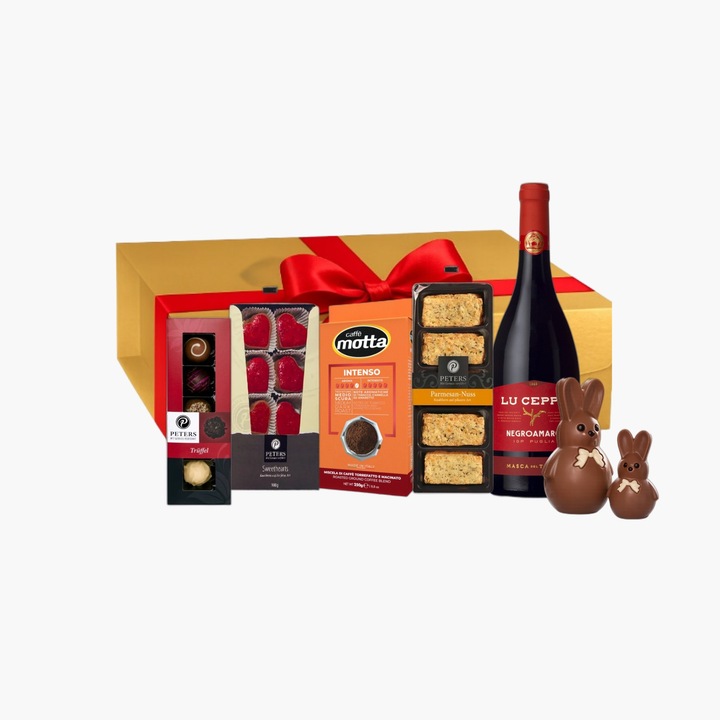 Pachet Cadou, Villa Guelfa, Vin rosu 750 ml, Cafea macinata 250 g, Biscuiti sarati, Iepuras ciocolata 25 g