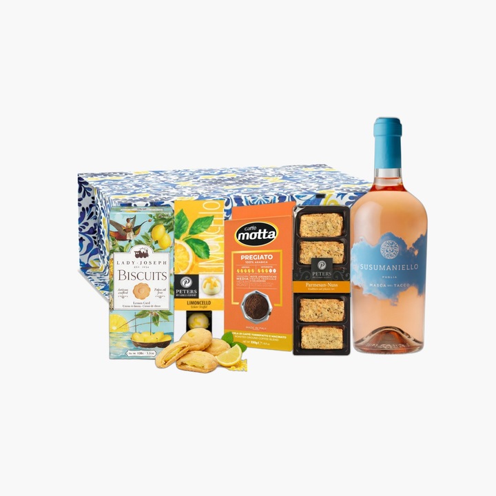 Pachet Cadou Villa Guelfa, vin rose Susumaniello 750 ml, cafea 100% Arabica 250 g, prăjiturele și biscuiți, cutie cadou