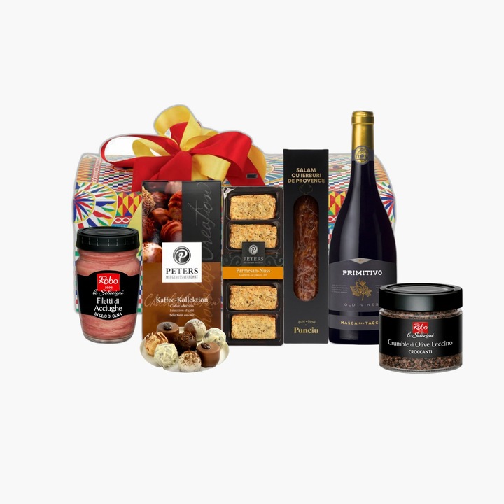 Pachet Cadou Villa Guelfa Primitivo, vin roșu, gustări cu măsline, praline cu cafea