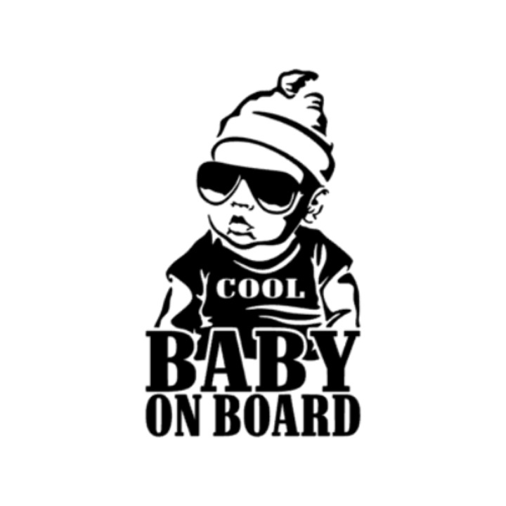 Sticker BABY ON BOARD 2 Alb – 30x22cm, Waterproof, Autoadeziv, Rezistent la Zgarieturi, pentru Laptop, Telefon, Valiza, Design Modern