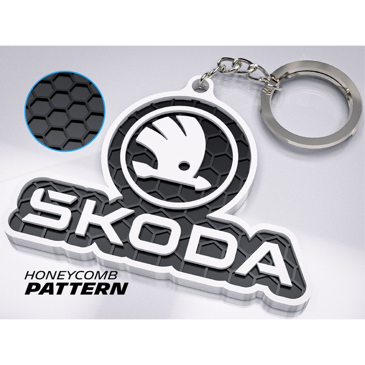 Breloc 3D Skoda – Printat 3D, Design Modern Honeycomb, Rezistent, Accesoriu Chei / Cadou Auto