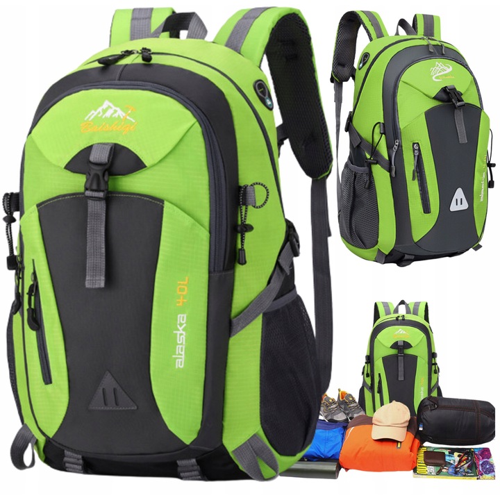 Rucsac turistic si trekking, WatchMe, WM873, Verde, 52 x 33 x 20 cm (40L), Poliester 600D impermeabil, ventilatie MESH 3D, bretele ajustabile, compartiment laptop A4, suport pentru bete trekking, orificiu casti, ideal pentru drumetii, confortabil